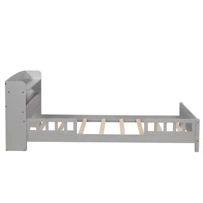 Lit en bois Pin Twin avec tête de lit bibliothèque, barrières de sécurité, gris, rangement sous le le lit