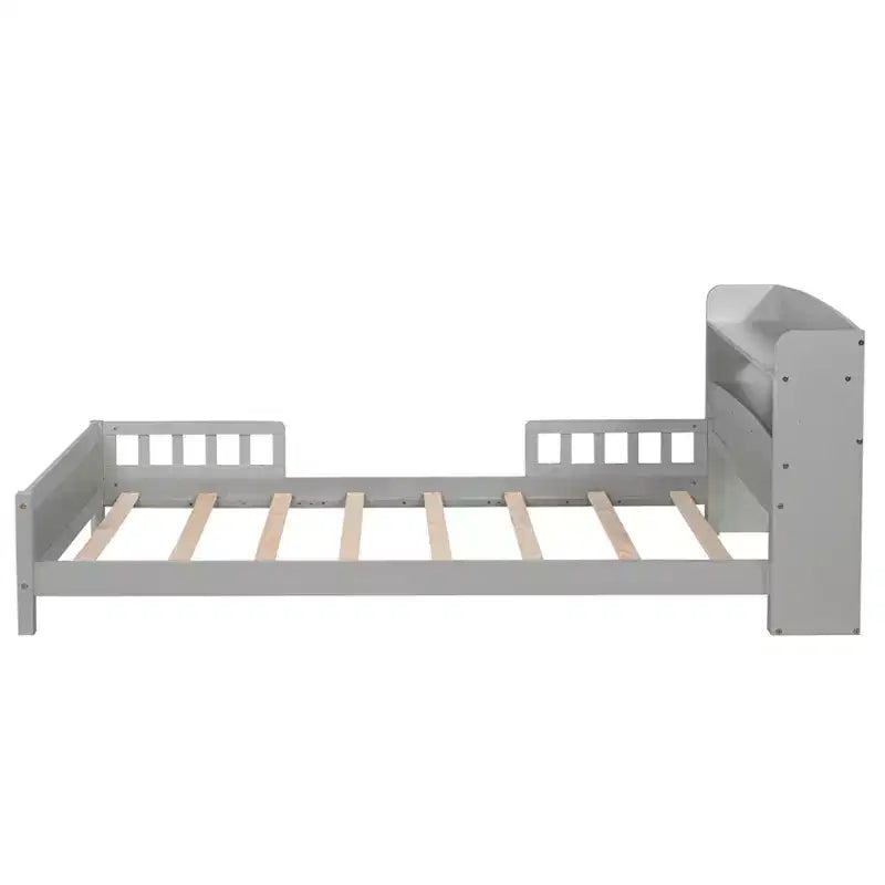 Lit en bois Pin Twin avec tête de lit bibliothèque, barrières de sécurité, gris, rangement sous le le lit