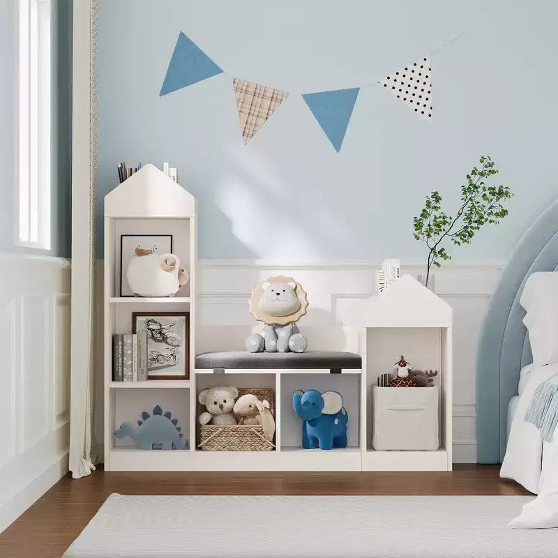Bibliothèque pour enfants, organisateur de rangement de jouets avec siège, étagère pour enfants, banc de rangement en bois, armoire de maison de jeu pour chambre d'enfants, salle de jeux, salle de classe, crèche