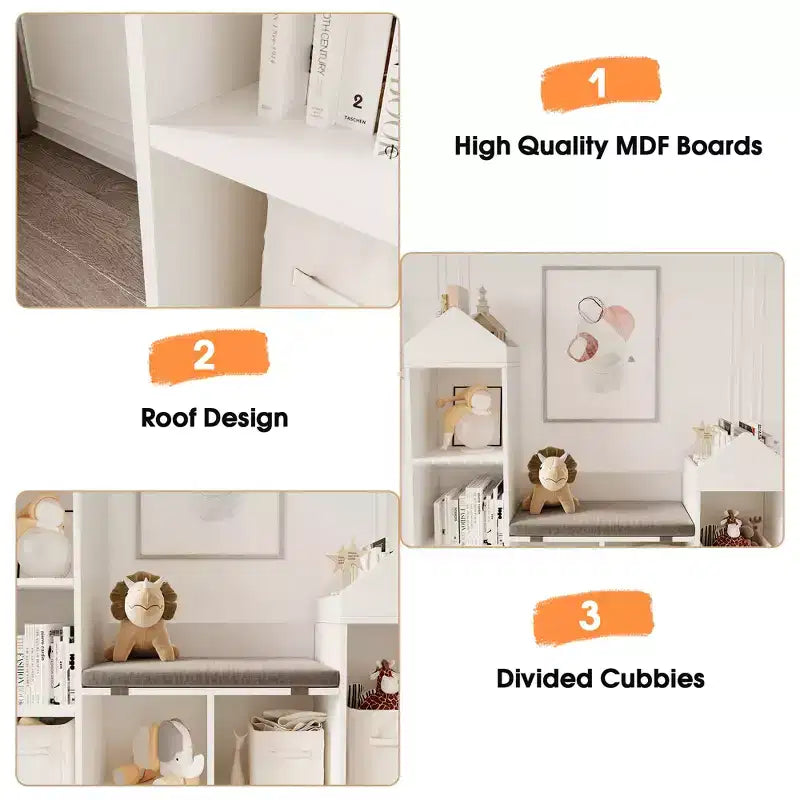 Bibliothèque pour enfants, organisateur de rangement de jouets avec siège, étagère pour enfants, banc de rangement en bois, armoire de maison de jeu pour chambre d'enfants, salle de jeux, salle de classe, crèche