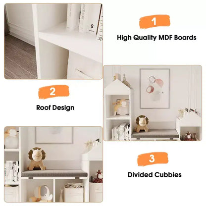 Bibliothèque pour enfants, organisateur de rangement de jouets avec siège, étagère pour enfants, banc de rangement en bois, armoire de maison de jeu pour chambre d'enfants, salle de jeux, salle de classe, crèche
