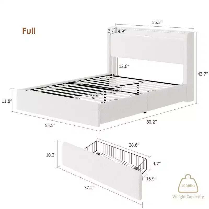 Cadre de Lit Rembourré avec 4 Tiroirs, Tête de Lit, Lumières LED et Station de Recharge, Pas de Sommier Tapissier