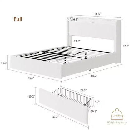 Cadre de Lit Rembourré avec 4 Tiroirs, Tête de Lit, Lumières LED et Station de Recharge, Pas de Sommier Tapissier