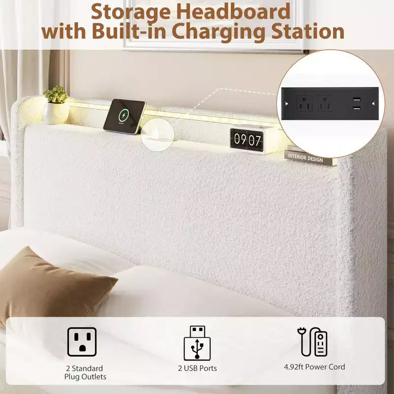 Cadre de Lit Rembourré avec 4 Tiroirs, Tête de Lit, Lumières LED et Station de Recharge, Pas de Sommier Tapissier