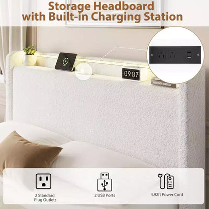 Cadre de Lit Rembourré avec 4 Tiroirs, Tête de Lit, Lumières LED et Station de Recharge, Pas de Sommier Tapissier
