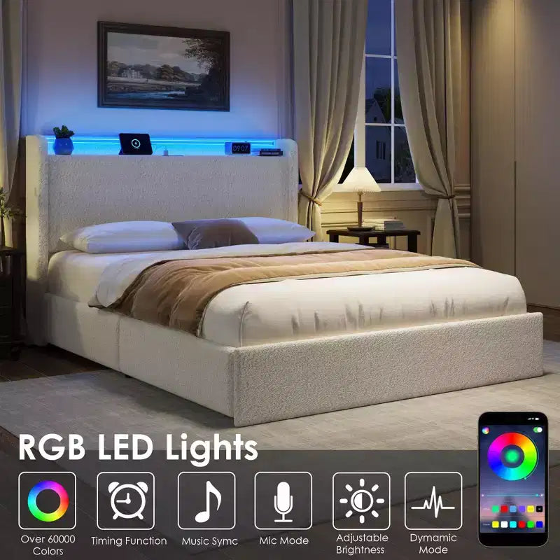 Cadre de Lit Rembourré avec 4 Tiroirs, Tête de Lit, Lumières LED et Station de Recharge, Pas de Sommier Tapissier
