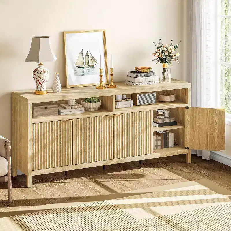Meuble de rangement à 3 niveaux avec fentes, portes et poignées, réglable, conçu pour les cuisines, les entrées et les salles à manger