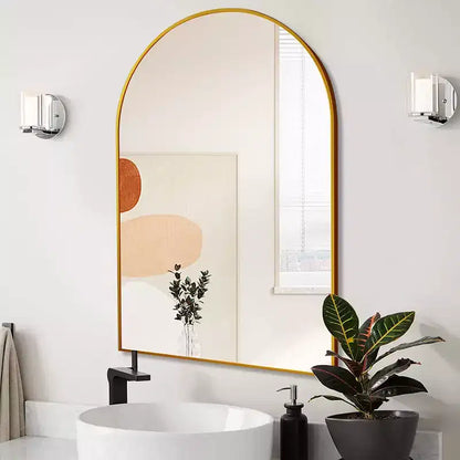 Miroir mural de salle de bain arqué doré, cadre métallique
