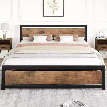 King Size Bed Frame with Headboard, No Box Spring Needed, 14 Platform with Storage, Retro Brown