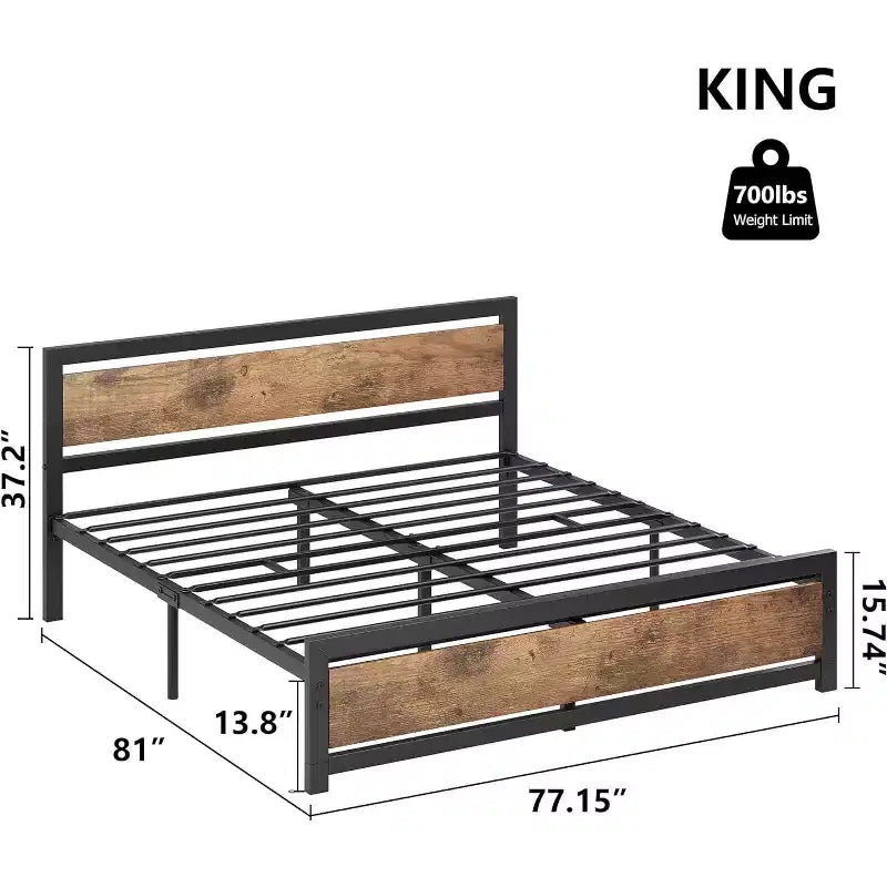 Cadre de lit King Size avec tête de lit, aucun sommier tapissier requis, plateforme 14" avec rangement, marron rétro