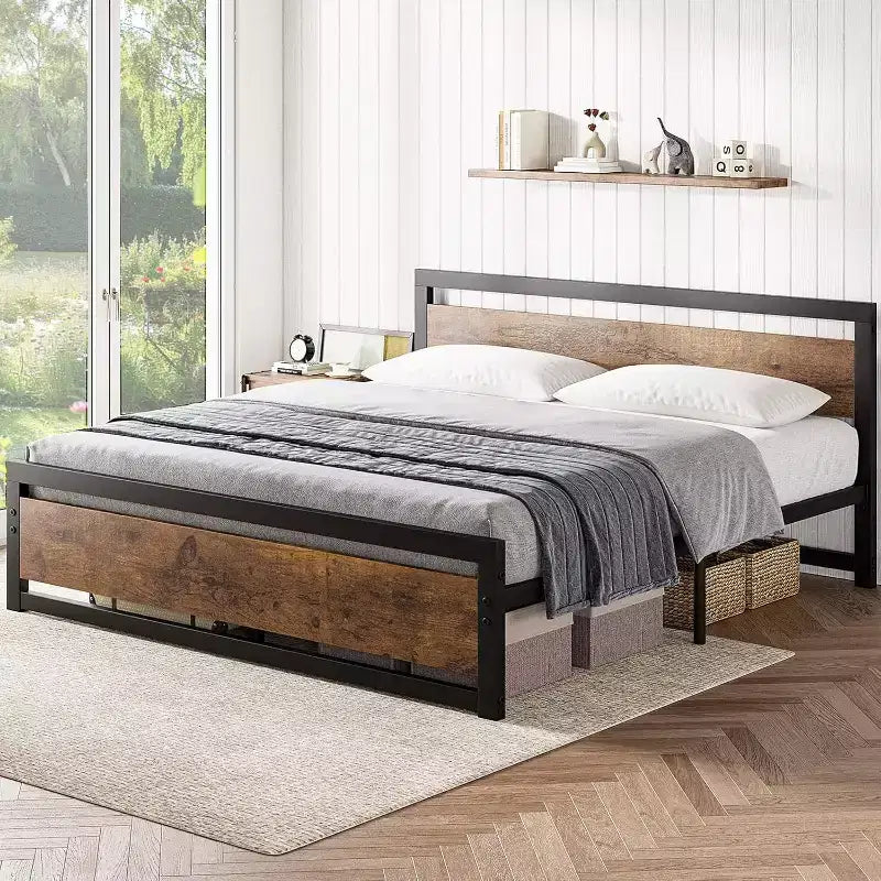 Cadre de lit King Size avec tête de lit, aucun sommier tapissier requis, plateforme 14" avec rangement, marron rétro