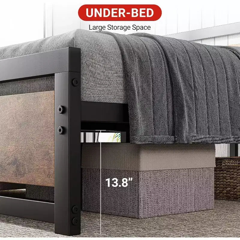 Cadre de lit King Size avec tête de lit, aucun sommier tapissier requis, plateforme 14" avec rangement, marron rétro