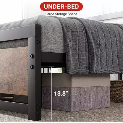 Cadre de lit King Size avec tête de lit, aucun sommier tapissier requis, plateforme 14" avec rangement, marron rétro