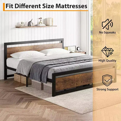 Cadre de lit King Size avec tête de lit, aucun sommier tapissier requis, plateforme 14" avec rangement, marron rétro