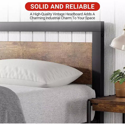Cadre de lit King Size avec tête de lit, aucun sommier tapissier requis, plateforme 14" avec rangement, marron rétro