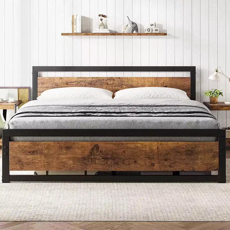 Cadre de lit King Size avec tête de lit, aucun sommier tapissier requis, plateforme 14" avec rangement, marron rétro