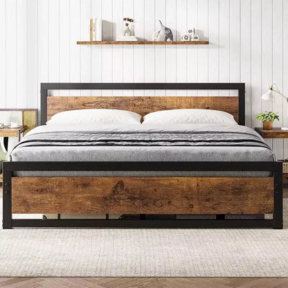 Cadre de lit King Size avec tête de lit, aucun sommier tapissier requis, plateforme 14" avec rangement, marron rétro
