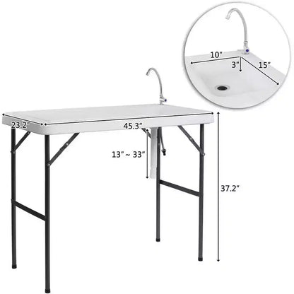 Table de nettoyage pliable pour poisson et gibier, portable, tuyau de drainage, robinet en acier inoxydable, blanche