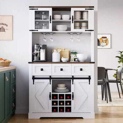 Farmhouse Coffee Bar Cabinet, 72 Tall Kitchen Hutch with 2 Sliding Barn Doors, 3 Drawers, Wine & Glass Rack, Pantry Storage Cabinets for Dining Room