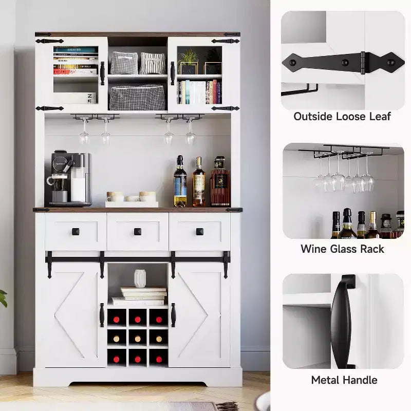 Buffet de bar à café de 183 cm de haut, 2 portes coulissantes de style grange, 3 tiroirs, support à vin et verres, garde-manger
