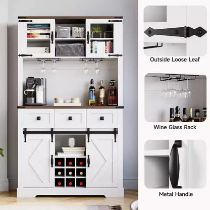 Buffet de bar à café de 183 cm de haut, 2 portes coulissantes de style grange, 3 tiroirs, support à vin et verres, garde-manger