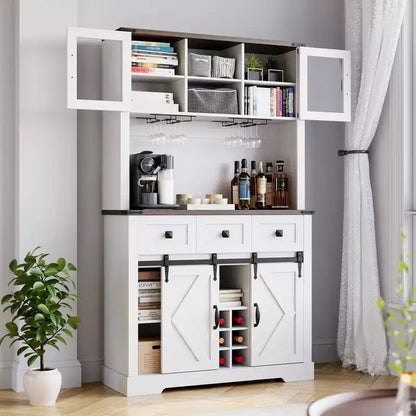 Buffet de bar à café de 183 cm de haut, 2 portes coulissantes de style grange, 3 tiroirs, support à vin et verres, garde-manger
