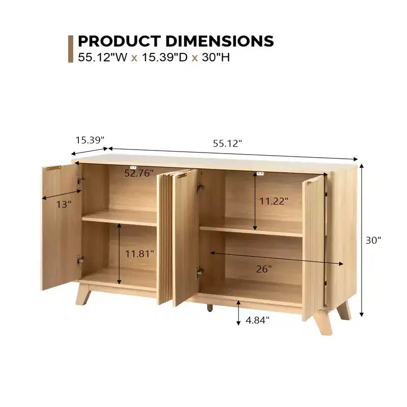 Buffet de salle à manger cannelé avec rangement, 4 portes et étagères réglables, chêne naturel