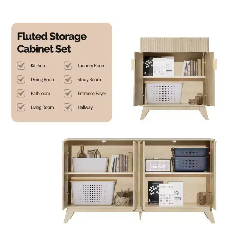 Buffet de salle à manger cannelé avec rangement, 4 portes et étagères réglables, chêne naturel