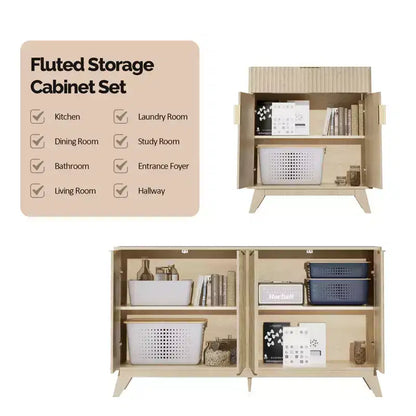 Buffet de salle à manger cannelé avec rangement, 4 portes et étagères réglables, chêne naturel