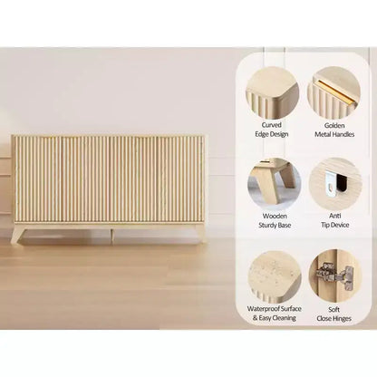 Buffet de salle à manger cannelé avec rangement, 4 portes et étagères réglables, chêne naturel