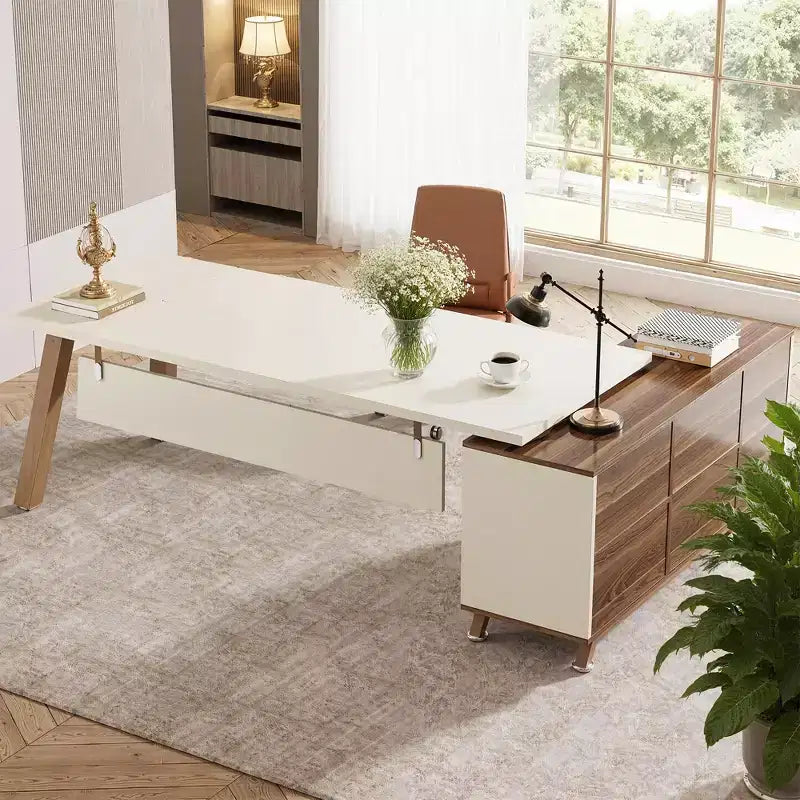 Bureau d'angle industriel 71x55, panneau de classe E0, résistant aux rayures, 2 tiroirs et 4 étagères