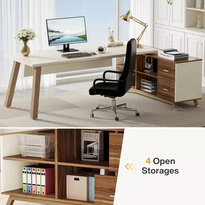 Bureau d'angle industriel 71x55, panneau de classe E0, résistant aux rayures, 2 tiroirs et 4 étagères