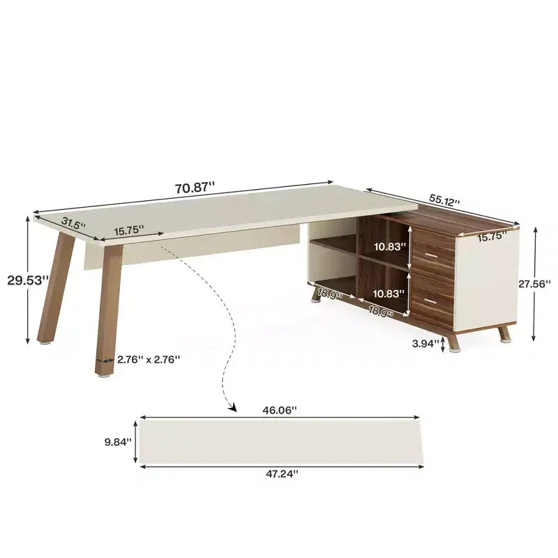 Bureau d'angle industriel 71x55, panneau de classe E0, résistant aux rayures, 2 tiroirs et 4 étagères