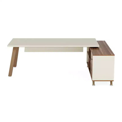 Bureau d'angle industriel 71x55, panneau de classe E0, résistant aux rayures, 2 tiroirs et 4 étagères