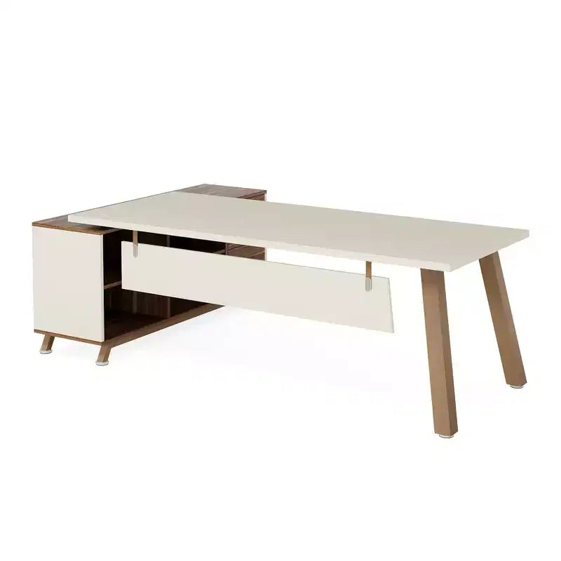 Bureau d'angle industriel 71x55, panneau de classe E0, résistant aux rayures, 2 tiroirs et 4 étagères