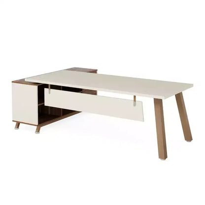 Bureau d'angle industriel 71x55, panneau de classe E0, résistant aux rayures, 2 tiroirs et 4 étagères