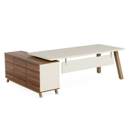 Bureau d'angle industriel 71x55, panneau de classe E0, résistant aux rayures, 2 tiroirs et 4 étagères