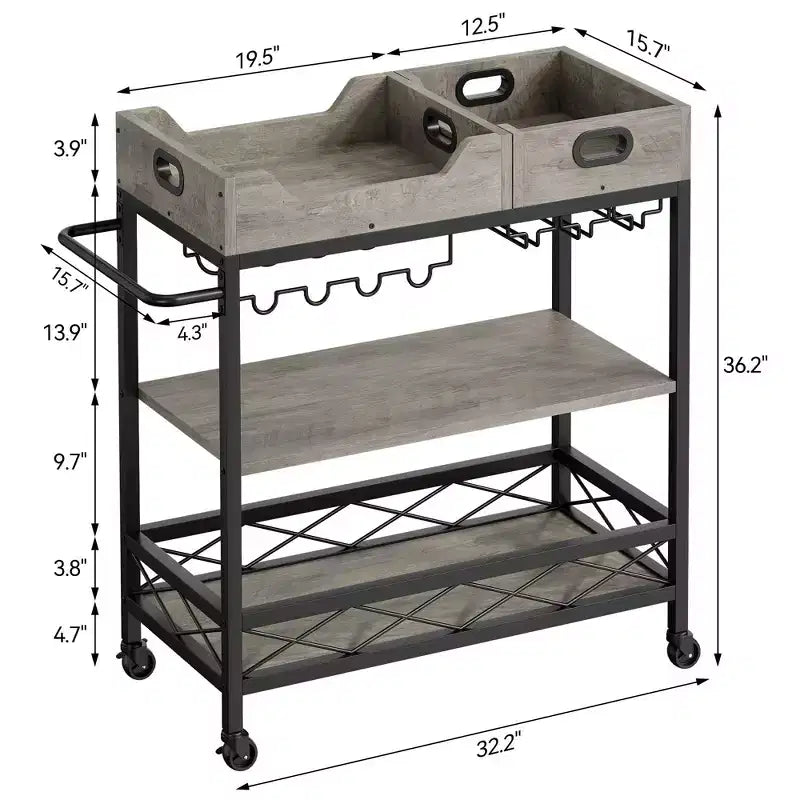 Desserte de bar roulante à 3 niveaux avec plateau amovible, structure en métal gris marron, rangement pour cuisine et salle à manger