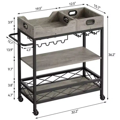 Desserte de bar roulante à 3 niveaux avec plateau amovible, structure en métal gris marron, rangement pour cuisine et salle à manger