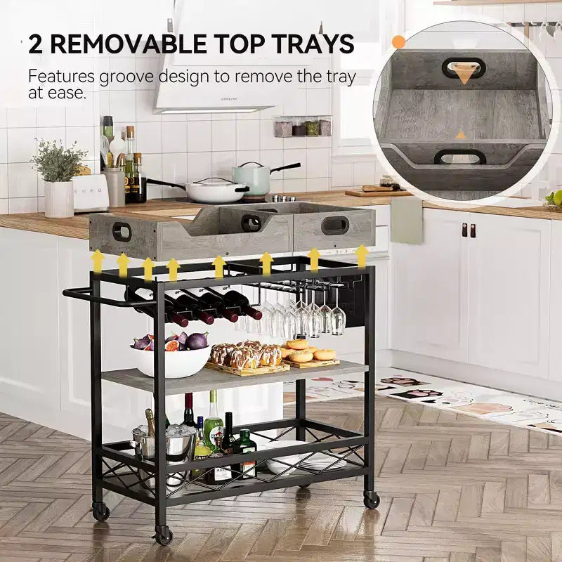 Desserte de bar roulante à 3 niveaux avec plateau amovible, structure en métal gris marron, rangement pour cuisine et salle à manger