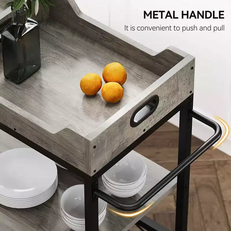 Desserte de bar roulante à 3 niveaux avec plateau amovible, structure en métal gris marron, rangement pour cuisine et salle à manger