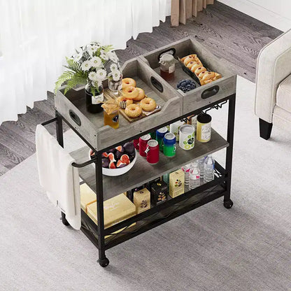 Desserte de bar roulante à 3 niveaux avec plateau amovible, structure en métal gris marron, rangement pour cuisine et salle à manger