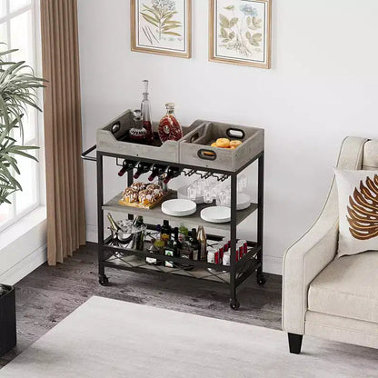 Desserte de bar roulante à 3 niveaux avec plateau amovible, structure en métal gris marron, rangement pour cuisine et salle à manger
