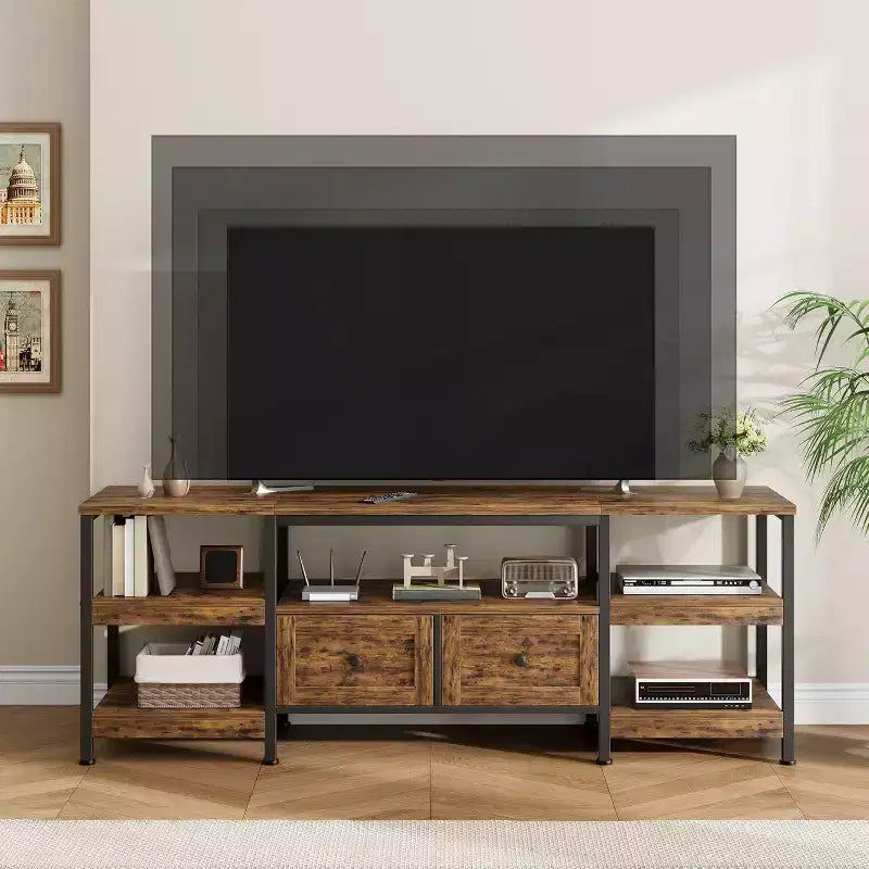 Meuble TV Industriel 63 pouces - Centre de divertissement compatible avec écrans jusqu'à 65 pouces, 2 tiroirs, étagères ouvertes et cadre métallique