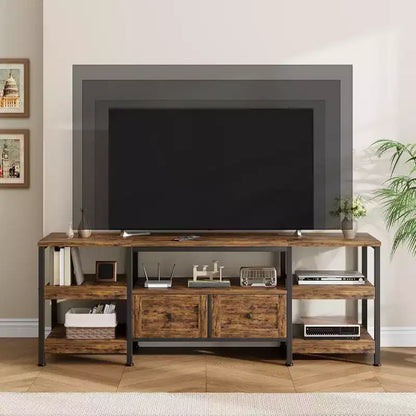 Meuble TV Industriel 63 pouces - Centre de divertissement compatible avec écrans jusqu'à 65 pouces, 2 tiroirs, étagères ouvertes et cadre métallique