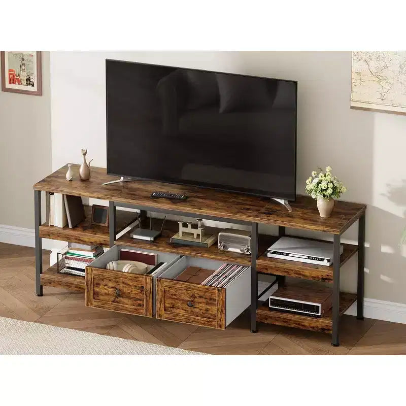 Meuble TV Industriel 63 pouces - Centre de divertissement compatible avec écrans jusqu'à 65 pouces, 2 tiroirs, étagères ouvertes et cadre métallique