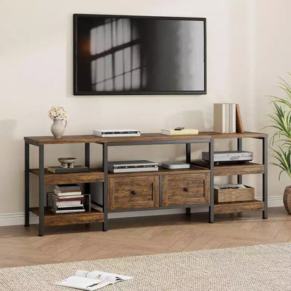 Meuble TV Industriel 63 pouces - Centre de divertissement compatible avec écrans jusqu'à 65 pouces, 2 tiroirs, étagères ouvertes et cadre métallique