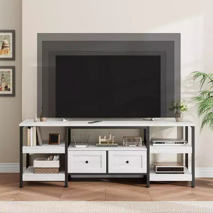 Meuble TV Industriel 63 pouces - Centre de divertissement compatible avec écrans jusqu'à 65 pouces, 2 tiroirs, étagères ouvertes et cadre métallique