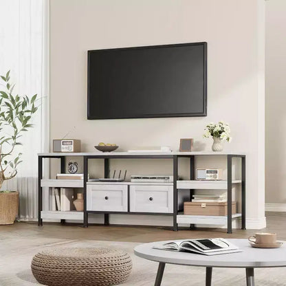 Meuble TV Industriel 63 pouces - Centre de divertissement compatible avec écrans jusqu'à 65 pouces, 2 tiroirs, étagères ouvertes et cadre métallique