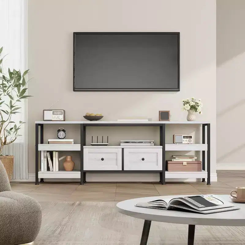 Meuble TV Industriel 63 pouces - Centre de divertissement compatible avec écrans jusqu'à 65 pouces, 2 tiroirs, étagères ouvertes et cadre métallique